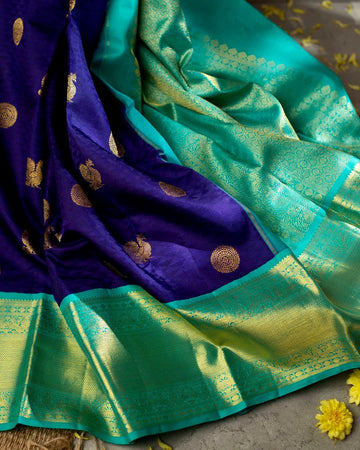 Blue Soft Banarasi Silk Saree With Ethnic Blouse Piece