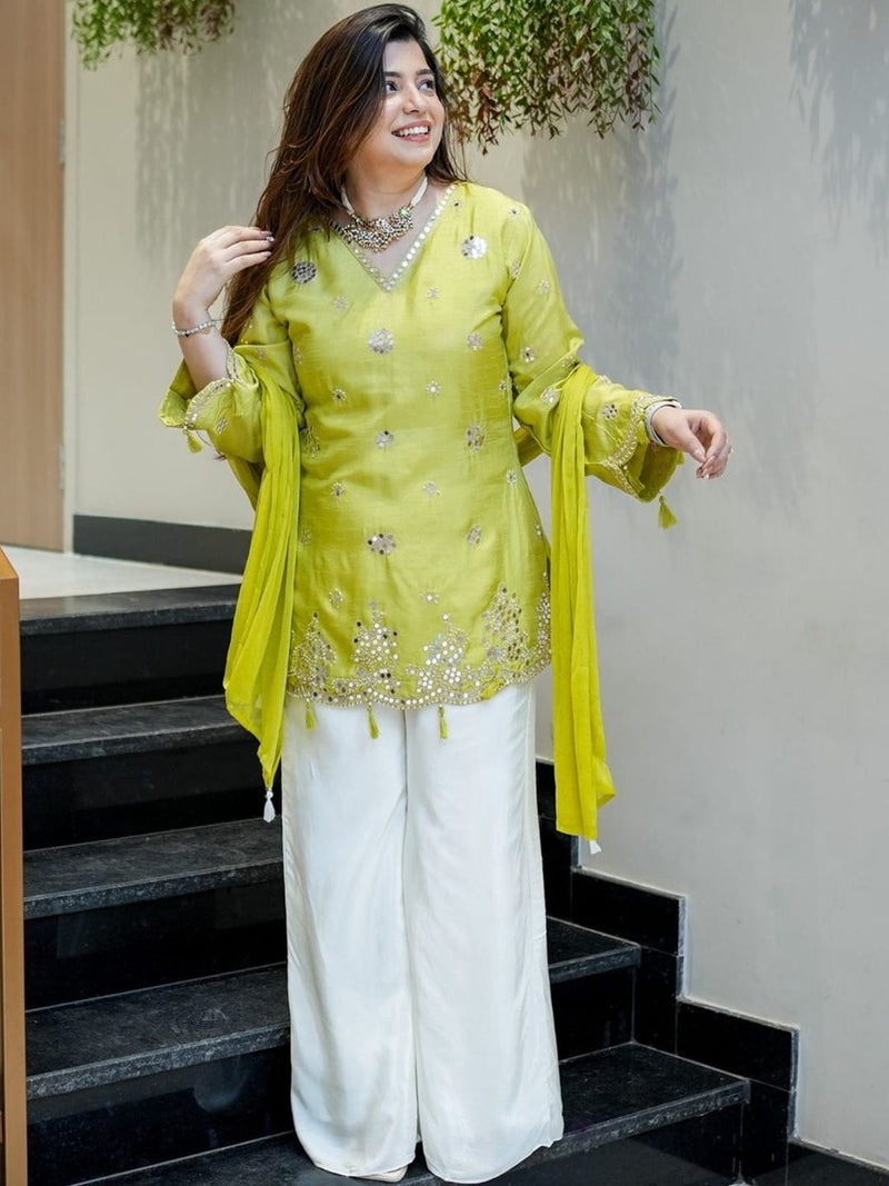 Lemon Yellow Embroidered Silk Suit Set