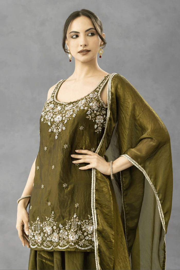 Mehndi Green Embroidered Sharara Set