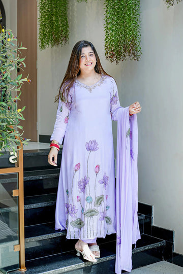 Lavender Chinon Flared Kurta Set for Women