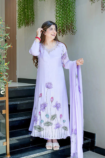 Lavender Chinon Flared Kurta Set for Women
