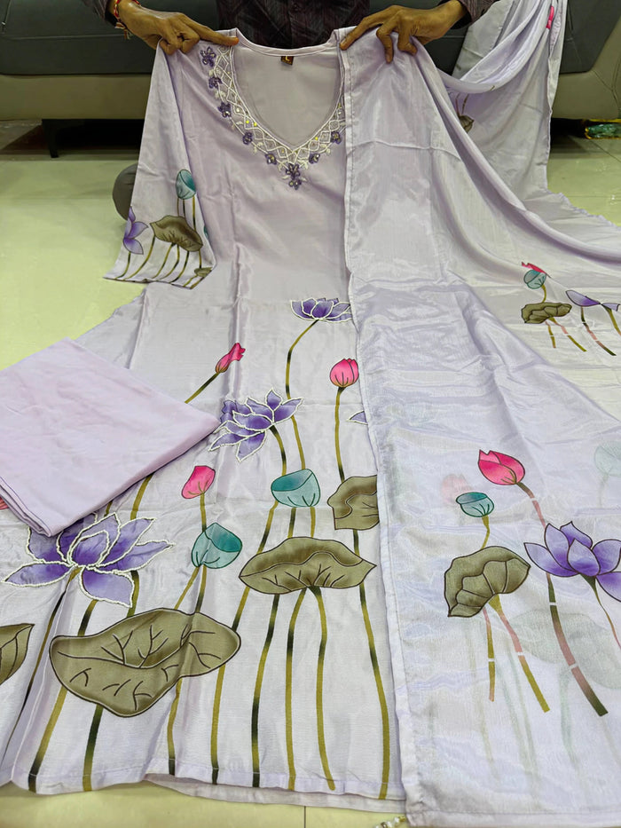 Lavender Chinon Flared Kurta Set for Women