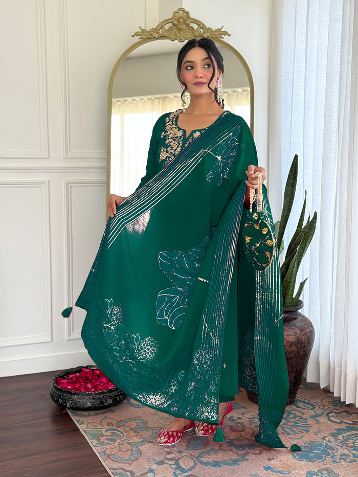 Green Viscose Chanderi Embroidered Kurta Set