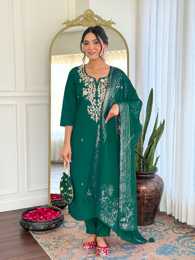 Green Viscose Chanderi Embroidered Kurta Set