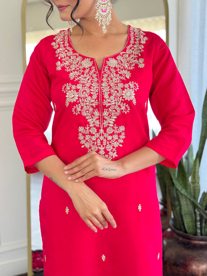 Rani Pink Embroidered Chanderi Kurta Pant Set