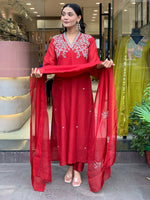 Red Embroidered Viscose Chanderi Kurta Set