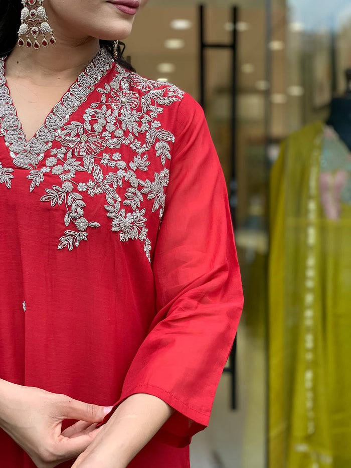 Red Embroidered Viscose Chanderi Kurta Set