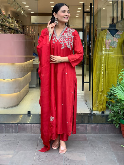 Red Embroidered Viscose Chanderi Kurta Set