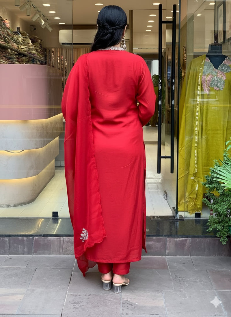 Red Embroidered Chanderi Suit Set