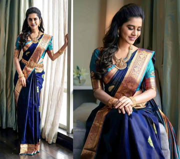 Blue soft silk saree with a classy blouse piece