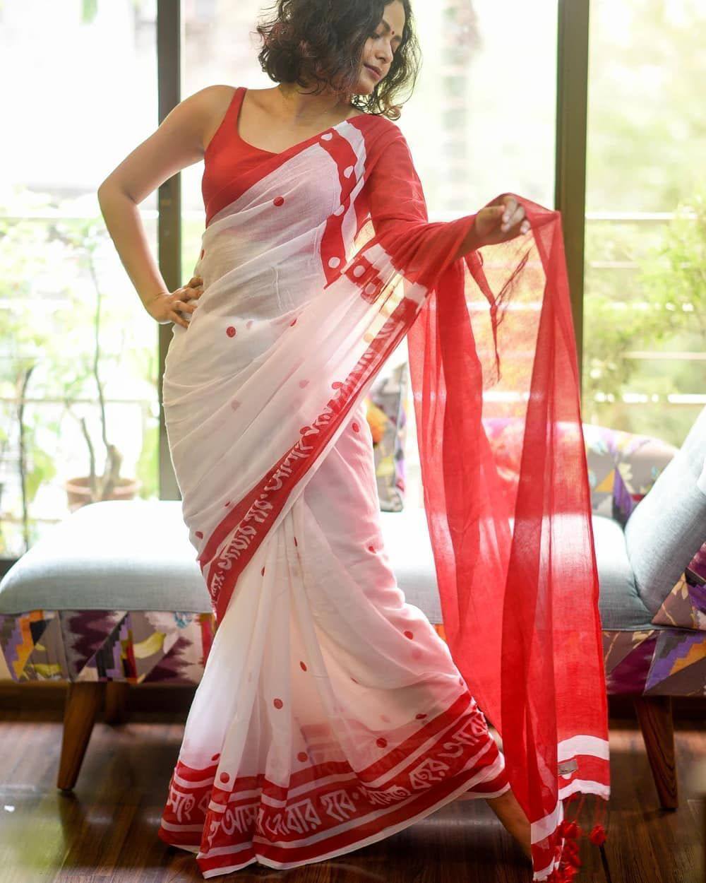 Beautiful Durga Puja White & Red Color Indian Saree