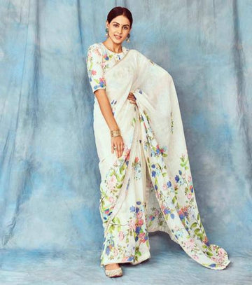 Pure Linen saree in white radiant festive wear