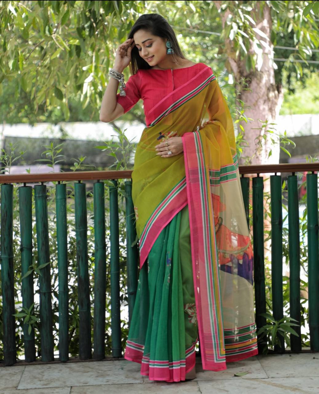 Special Durga Puja Yellow And Green Pure Linen Saree with Blouse