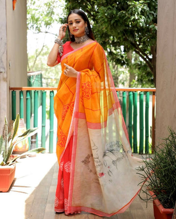 Linen Digital Print Saree Yellow And Red Party Wear