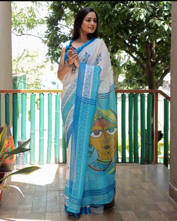 Sky Blue And White linen saree with digital printed work