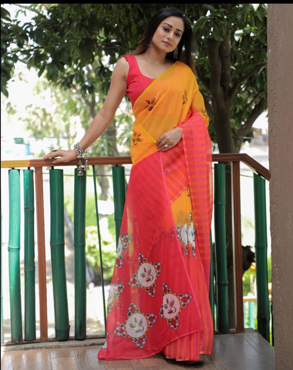 Beautiful Yellow And Red Digital printed saree