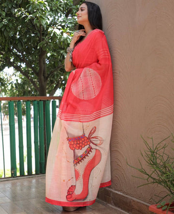 Pure Linen Durga Puja Off White And Red Saree
