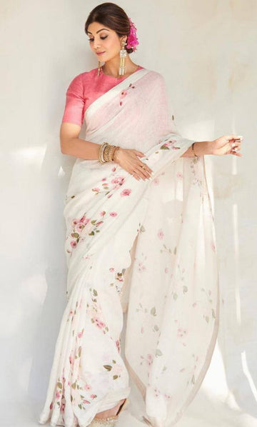 linen saree in White, printed festive wear