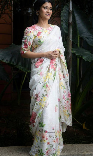 Fashionable Floral printed Linen White Saree