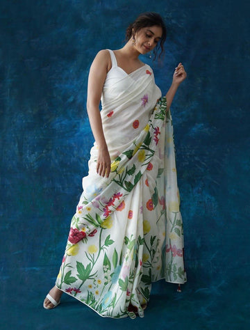 Digital Printed Linen Saree with Floral Print Pattern