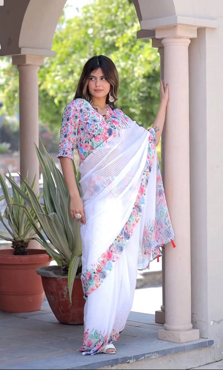 White Linen Saree Digital Printed With Blouse