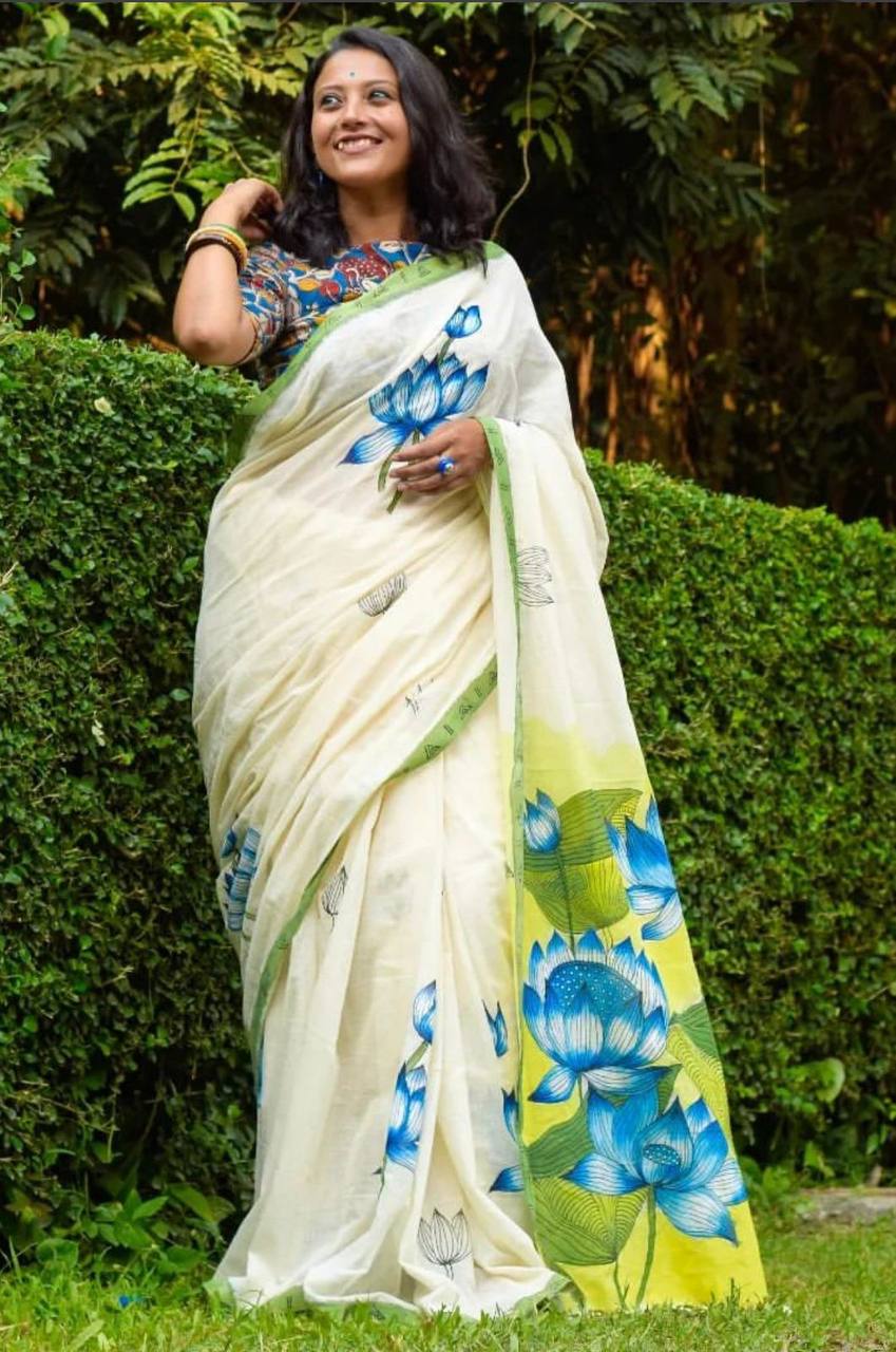 White And Green Party Wear Digital Painted Saree, With Blouse