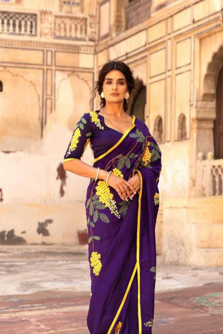 Attractive purple colour Digital Printed Linen Saree