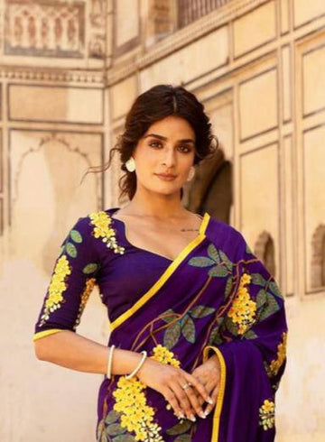 Attractive purple colour Digital Printed Linen Saree