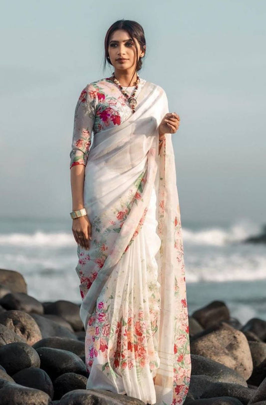 Women`s New Linen Digital Printed Saree with Blouse