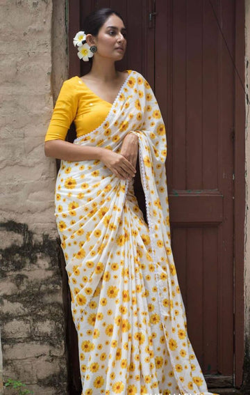 Pure Linen White And Yellow Digital Printed With Fancy saree