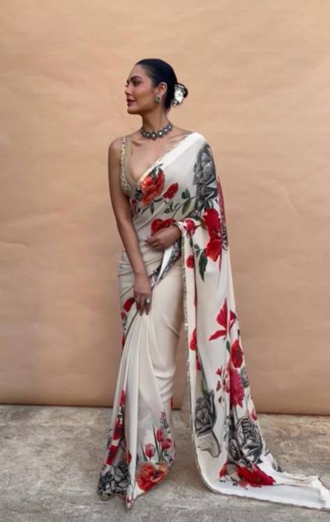 Function Wear White Digital Printed Saree With Blouse