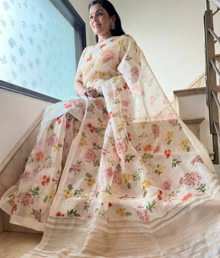 Daily Wear Digital Printed Linen Latest White Saree