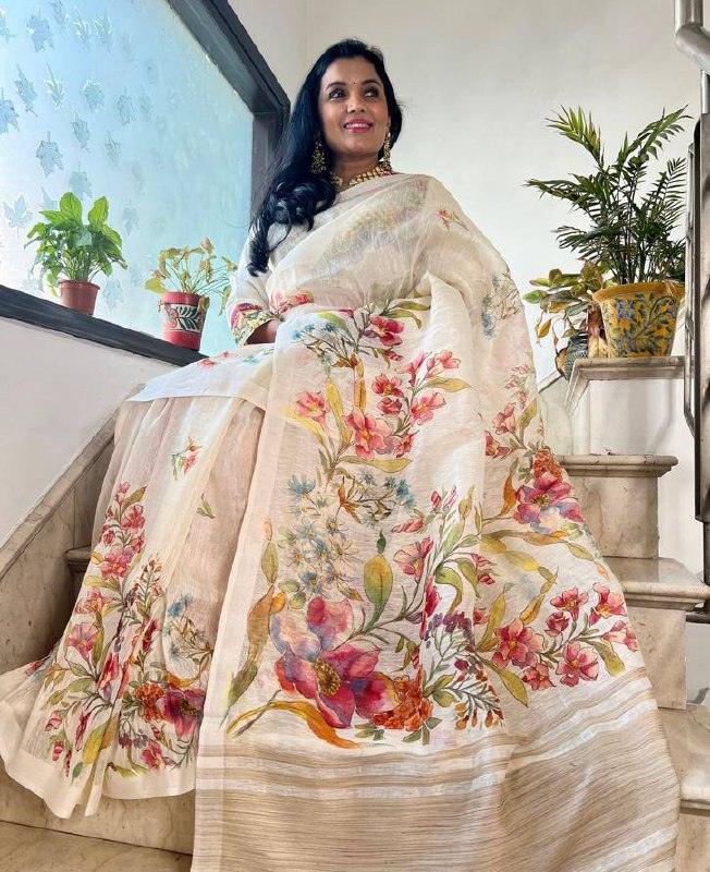 Daily Wear Digital Printed Linen Latest White Saree