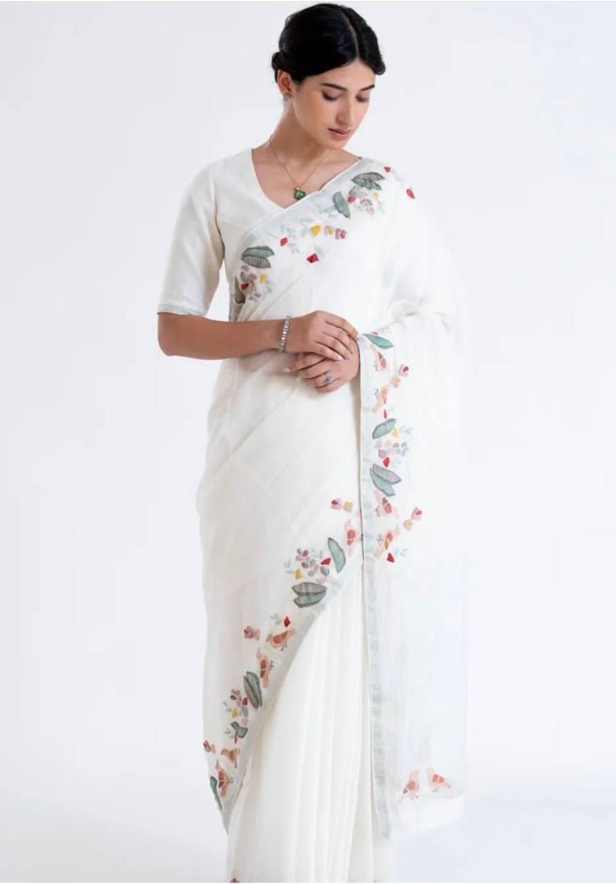 Daily Wear Digital Printed Linen Latest White Saree