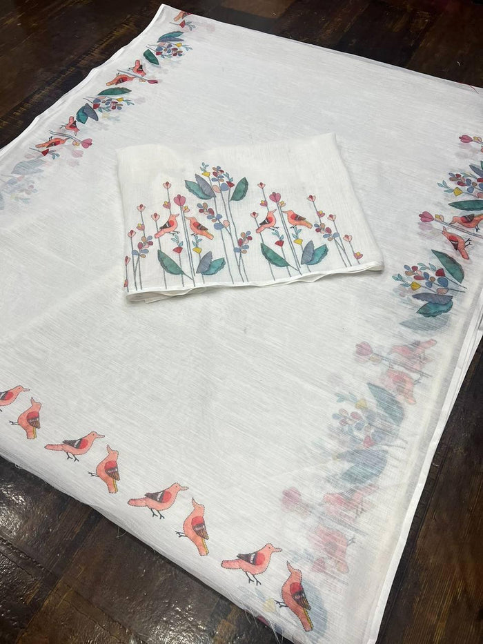 Daily Wear Digital Printed Linen Latest White Saree