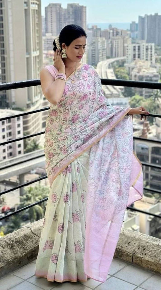 Digital Printed white And Pink Party Wear Linen Saree