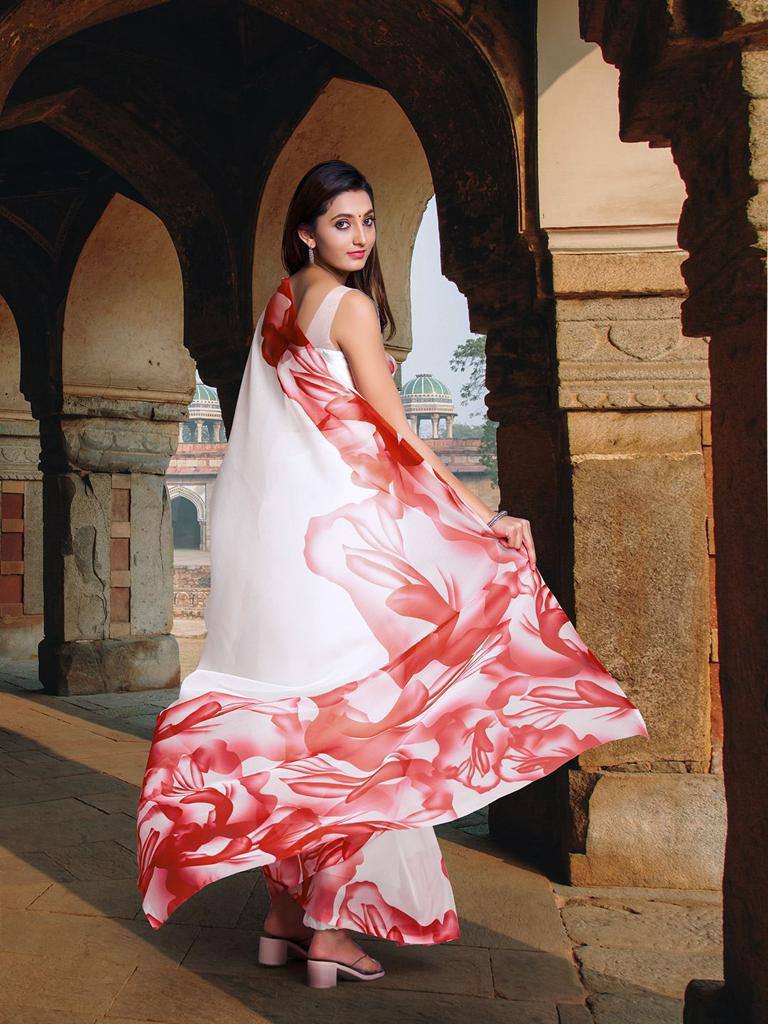 Women's White Red Bollywood Style Digital Printed Saree