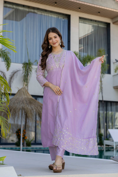 Purple Vichitra Embroidered Kurta Set