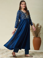 Blue Embroidered Vichitra Silk Flared Kurta Set