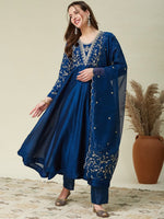 Blue Embroidered Vichitra Silk Flared Kurta Set
