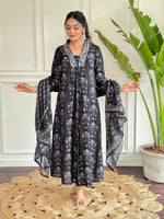 Black Pure Cotton Block Print Suit Set with Chanderi Dupatta