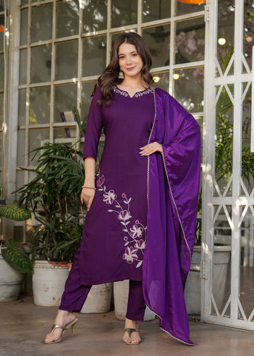 Elegant Purple Embroidered Kurta Pant Set with Dupatta