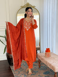 Elegant Rust Orange Embroidered Kurta Pant Set