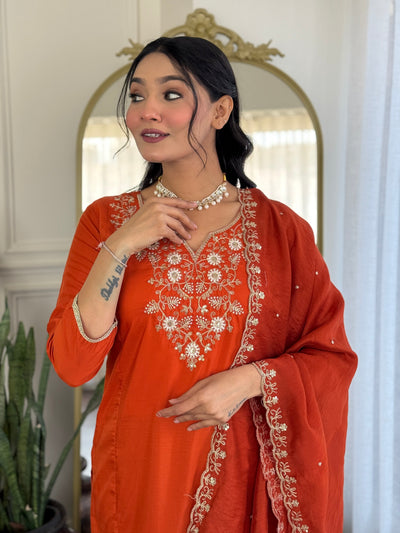Elegant Rust Orange Embroidered Kurta Pant Set