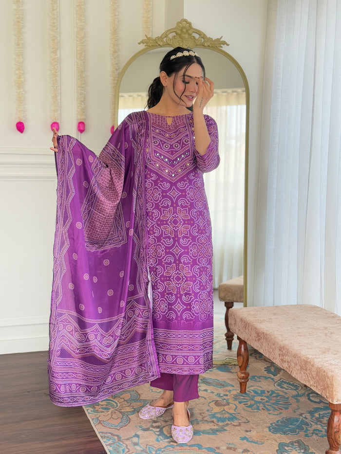 Elegant Purple Printed Kurta Pant Set