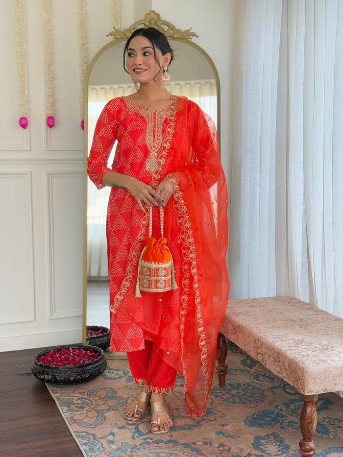 Elegant Coral Orange Embroidered Kurta Pant Set
