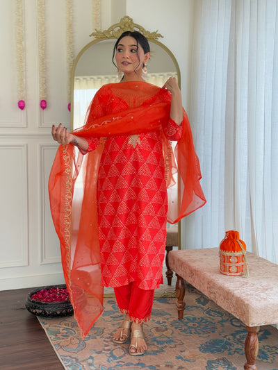 Elegant Coral Orange Embroidered Kurta Pant Set