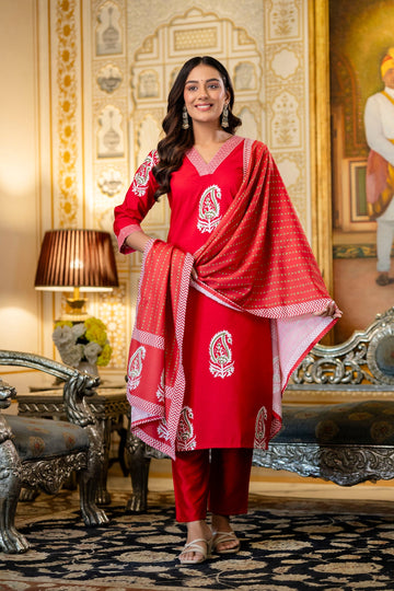 Elegant Red Printed Kurta Pant Set with Dupatta