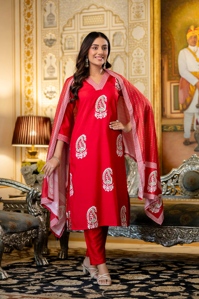 Elegant Red Printed Kurta Pant Set