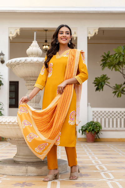 Elegant Mustard Yellow Printed Kurta Pant Set